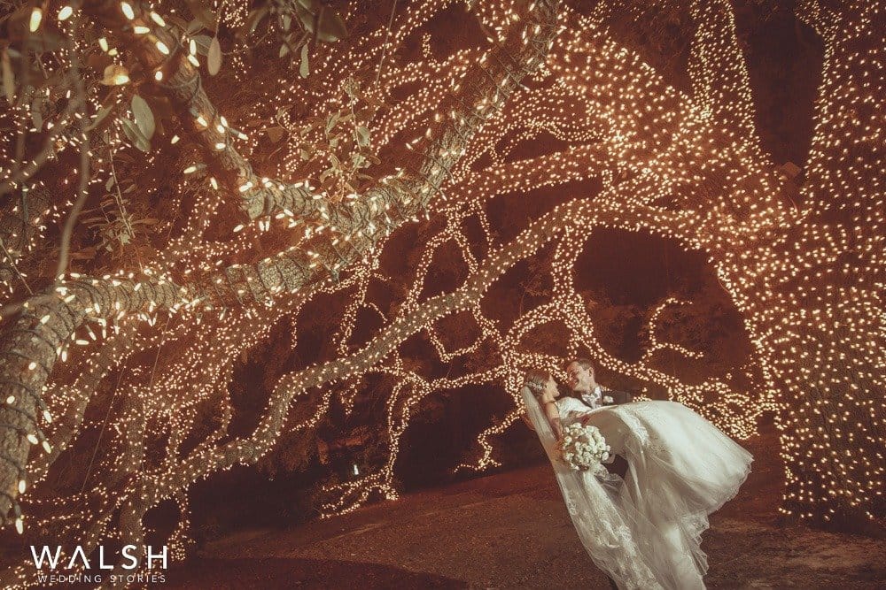 night photo of bride and groom under tree at the houstonian hotel
