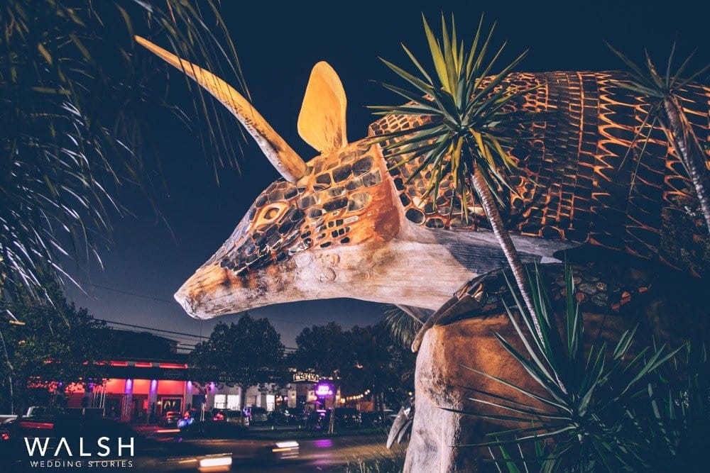 armadillo statue at restaurant for wedding rehearsal dinner