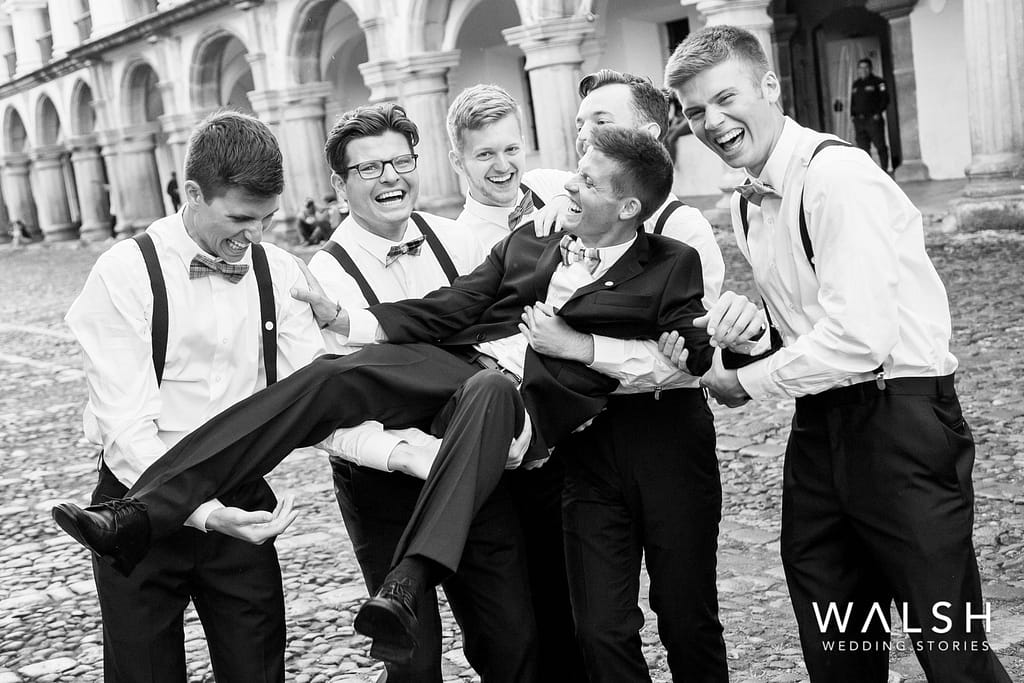 wedding photographer antigua guatemala-groom and groomsmen in the streets of antigua