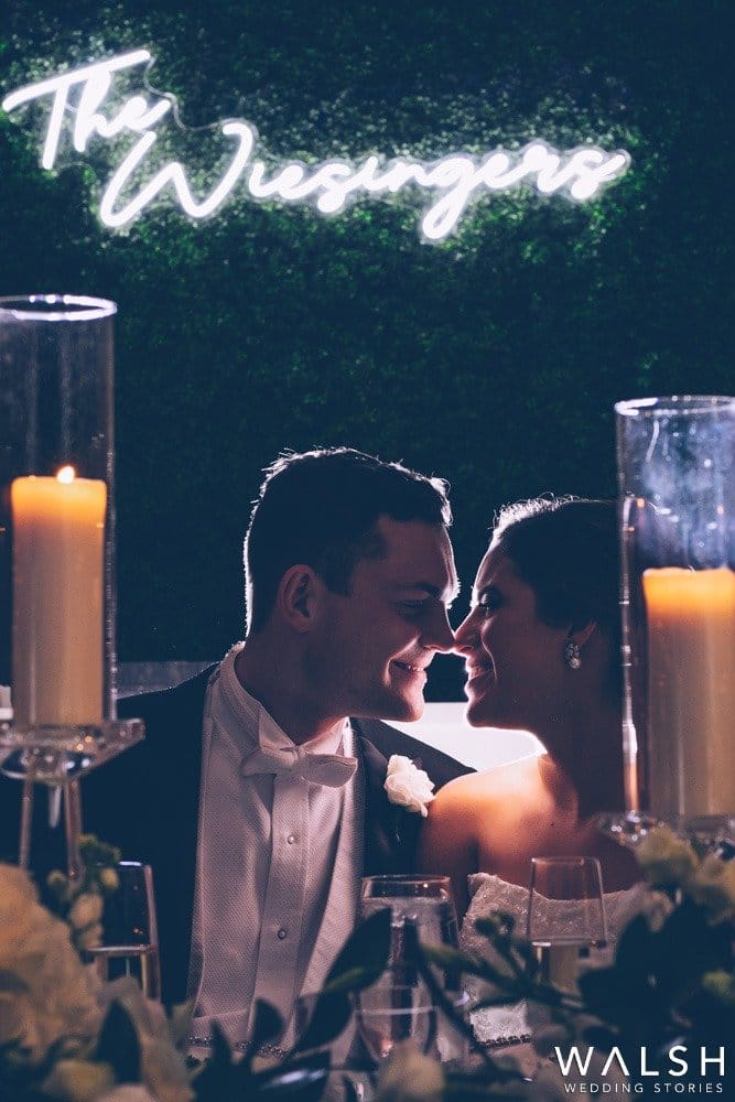 backlit portrait of bride and groom at wedding